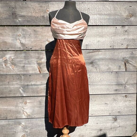 Women's Rust & Pink Color Block Cut Out Satin Slip Dress - Picture 1 of 9